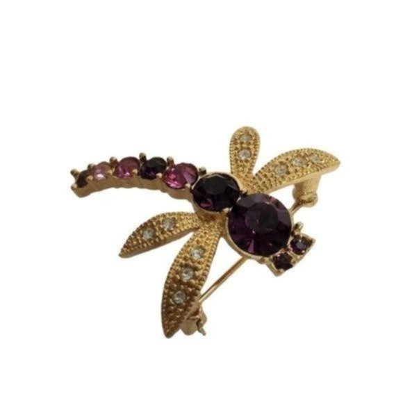 Vintage Dragonfly Brooch Pin Pink‎ Purple Clear Rhinestones - Picture 5 of 12